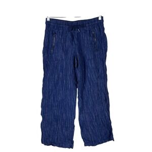 Athleta Cabo 100% Linen‎ Wide Leg Pant Size 10P  Navy Blue Drawstring Comfort